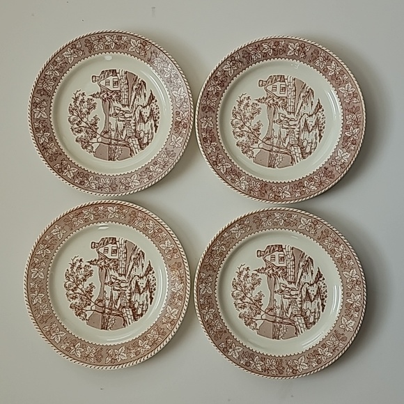 8 Pc Vintage Old Classic Prints Ohio Brown Transferware 6" Bowls, 7.25" Plates - Picture 9 of 16